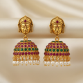 Temple gold jhumka earrings with ruby and pearl