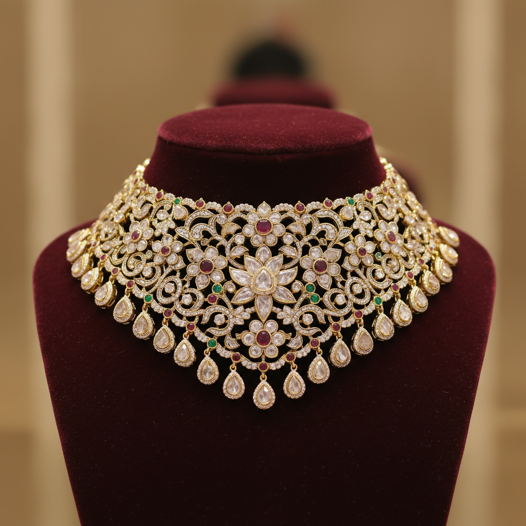Kundan Polki choker necklace silver gold polish