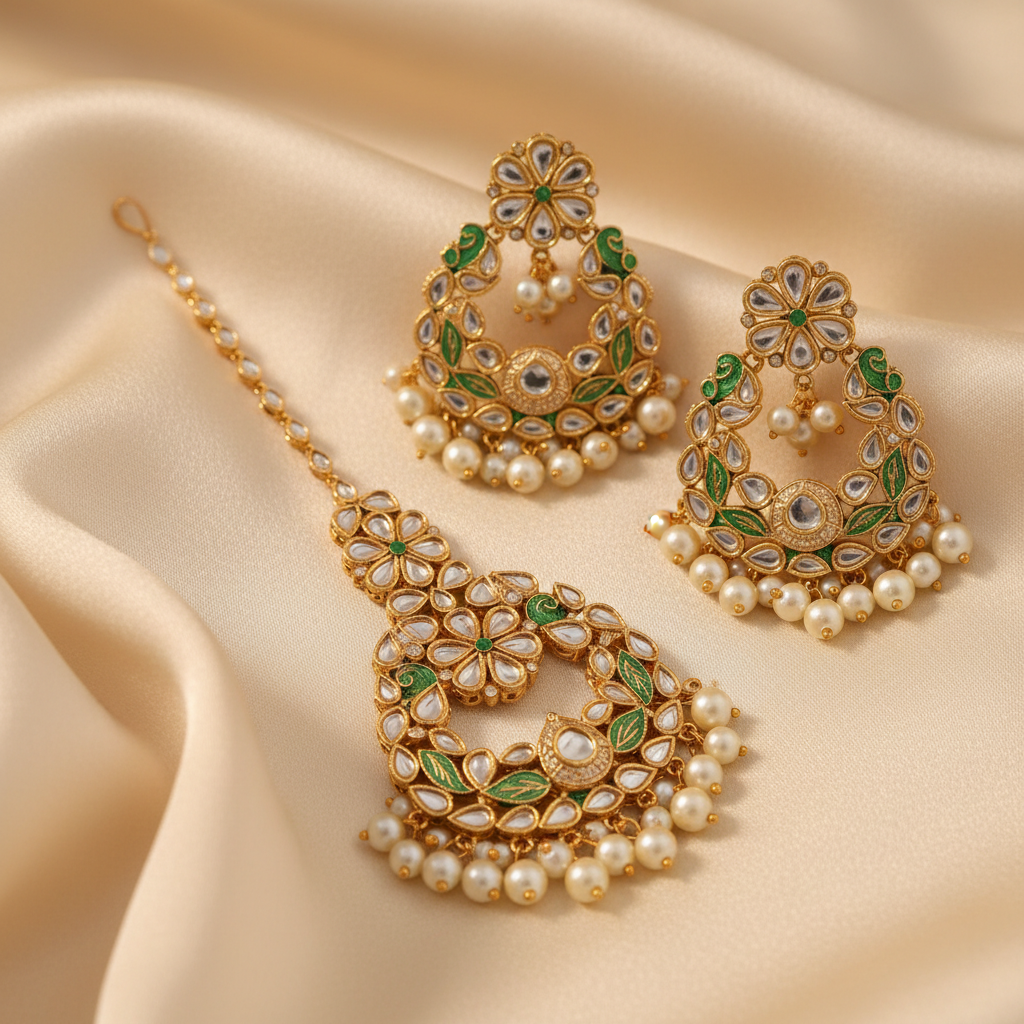 Kundan maang tikka and earrings set with meenakari